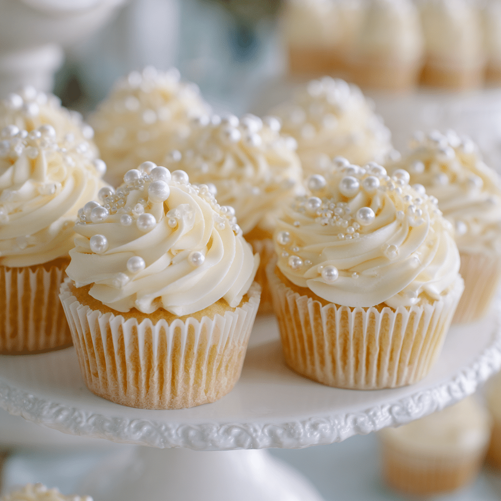 “Finished white wedding cupcakes with white chocolate frosting and pearl decorations on a wedding dessert table”