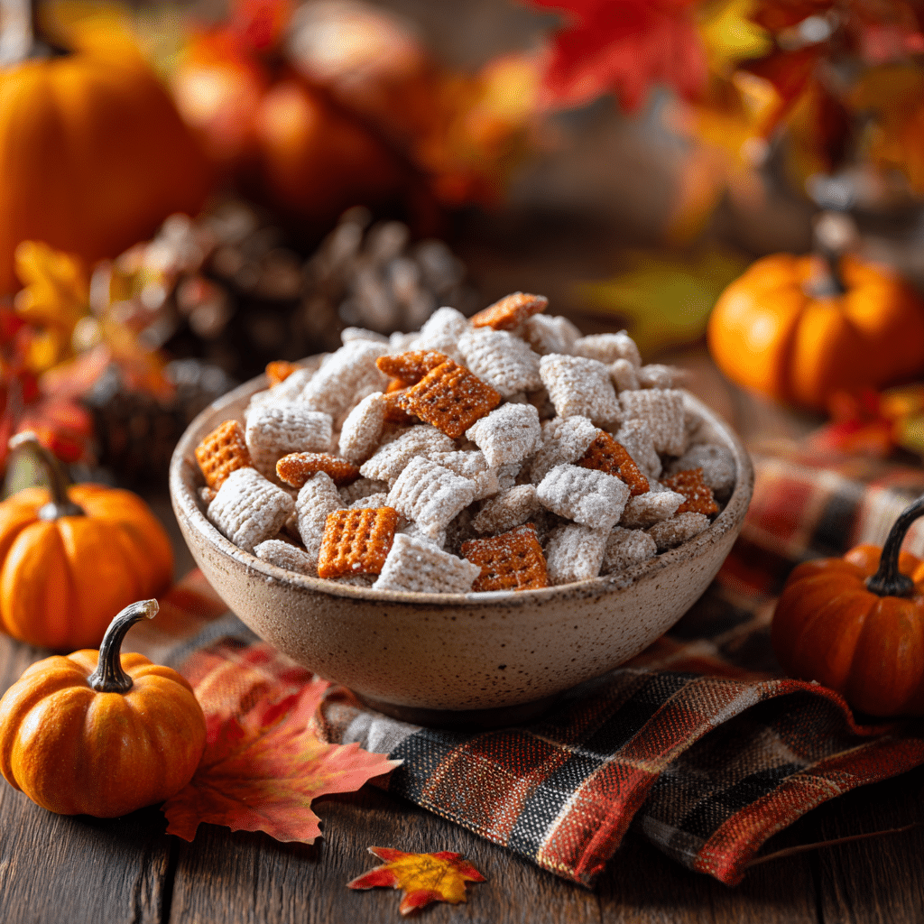 “Finished bowl of Pumpkin Spice Puppy Chow with mellowcreme pumpkins, powdered sugar coating, and autumn decorations on a rustic table”