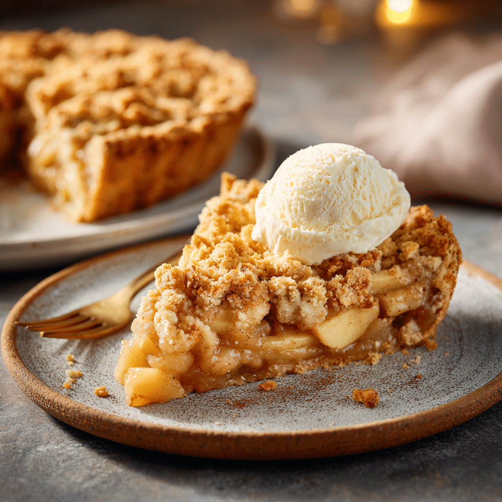 A slice of homemade Apple Crumble Pie with vanilla ice cream on a rustic plate.
