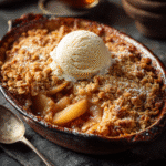 Cinnamon Apple Pear Crisp: 7 Irresistible Steps to Cozy Dessert Bliss 9 “Freshly baked cinnamon apple pear crisp in a pan, golden brown topping with bubbling fruit, served with a scoop of vanilla ice cream on top.”