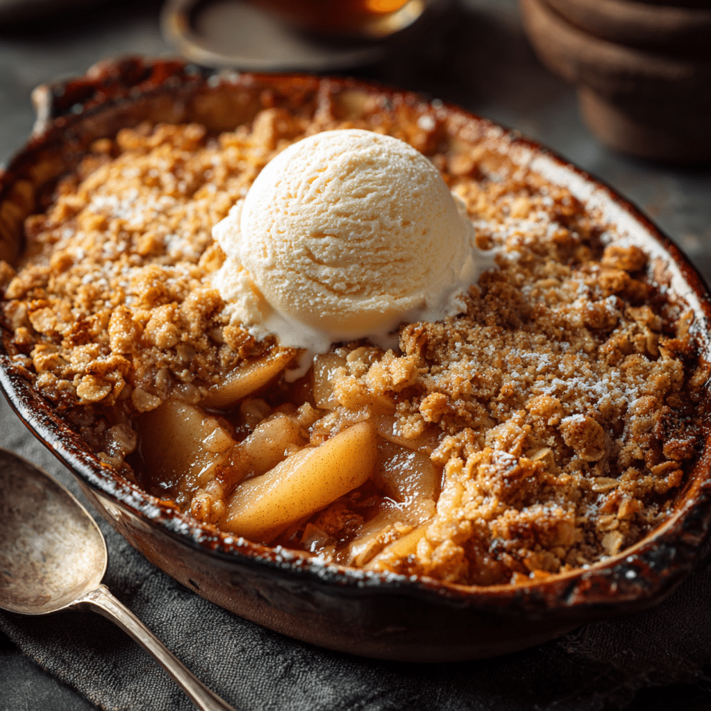 “Freshly baked cinnamon apple pear crisp in a pan, golden brown topping with bubbling fruit, served with a scoop of vanilla ice cream on top.”