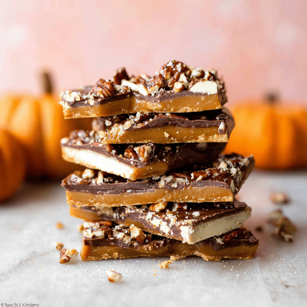 “Finished Pumpkin Spice Toffee broken into shards on parchment paper, topped with pecans and spiced sugar, styled with fall decor”