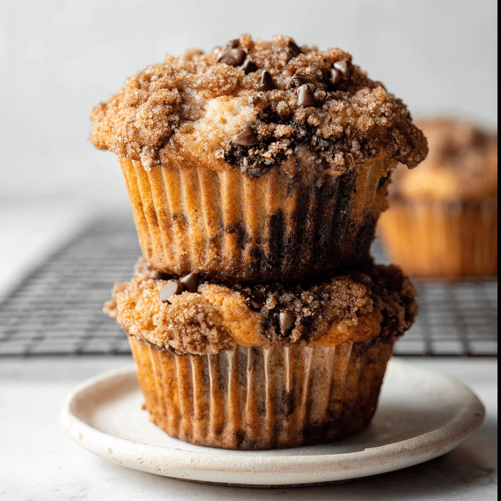 “Freshly baked banana chocolate chip streusel muffins on a cooling rack with chocolate chips and cinnamon streusel topping”