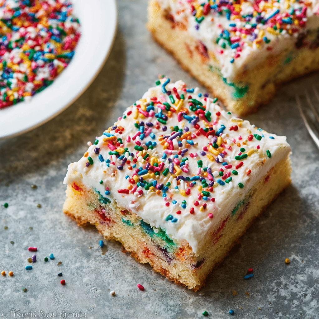 Finished Sprinkle Sheet Cake with vanilla frosting and rainbow sprinkles cut into party-sized squares”