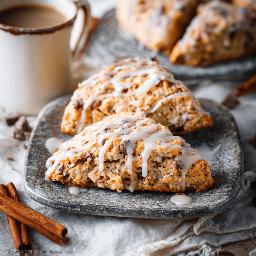 “Freshly baked cinnamon chip scones with icing served on a rustic brunch table with a cup of coffee and fall décor”