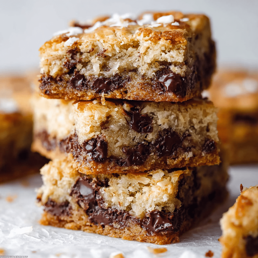 Dark chocolate coconut blondies served with chocolate drizzle