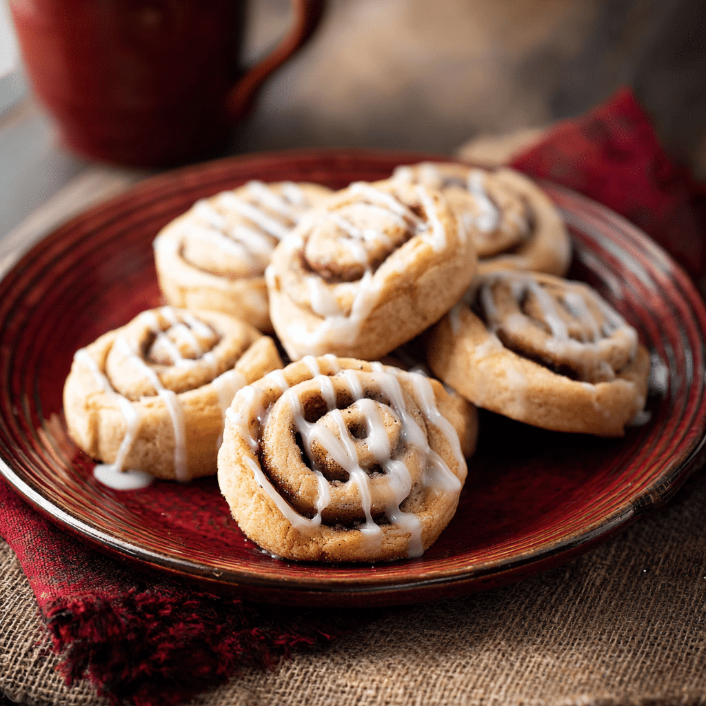 Finished Cinnamon Roll Cookies on a serving plate with vanilla icing drizzled and visible cinnamon swirls.