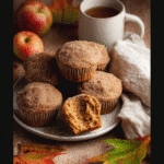 “Freshly baked Apple Cider Spice Muffins with cinnamon-sugar topping on a rustic table with fall-themed decor.”