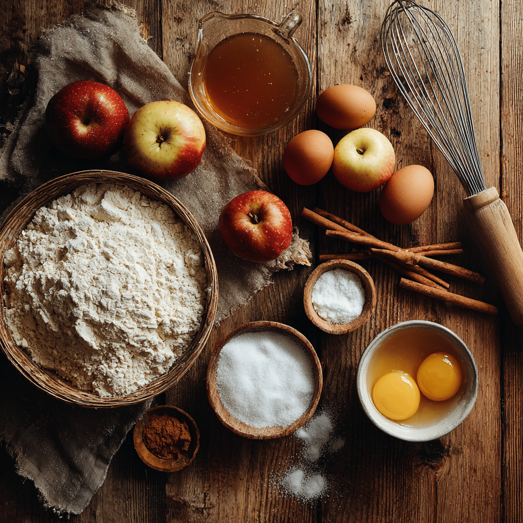 “Apple Cider Spice Muffin ingredients arranged on a wooden surface — apples, cider, flour, spices, and eggs.”