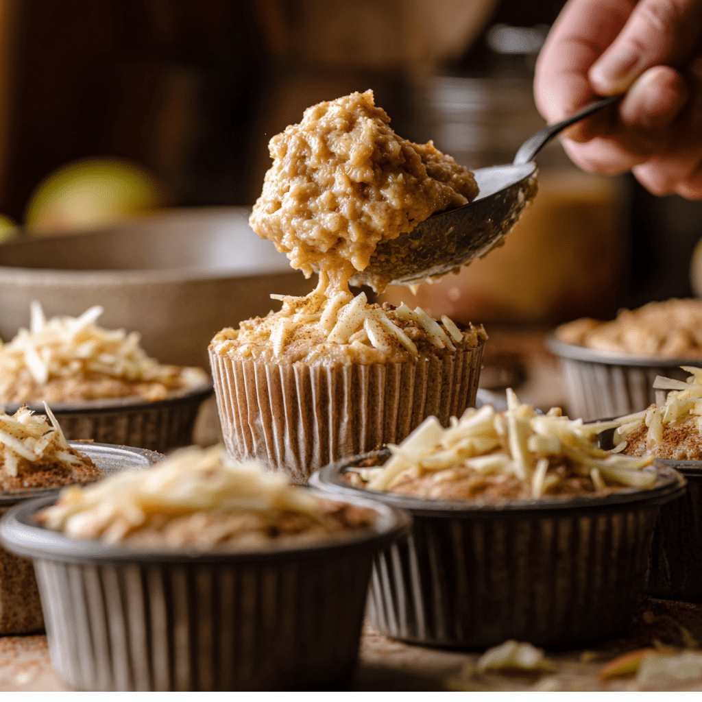 “Apple Cider Spice Muffin batter being added to muffin cups before baking.”
