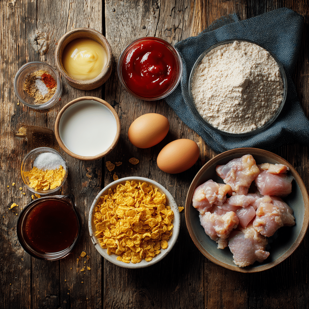 “Ingredients for honey BBQ chicken bites: raw chicken, corn flakes, flour, eggs, honey, BBQ sauce, and spices on wooden table”