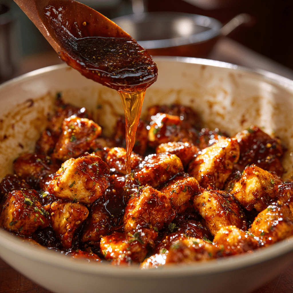 “Crispy baked honey BBQ chicken bites being coated in sticky glaze in a bowl”