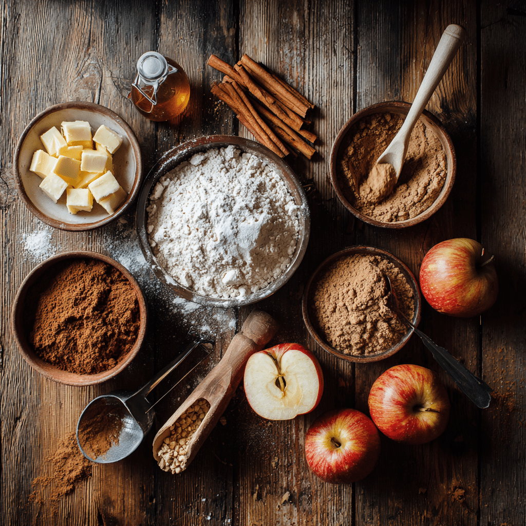 Brown Butter Apple Blondie Ingredients on Wooden Table with Autumn Lighting