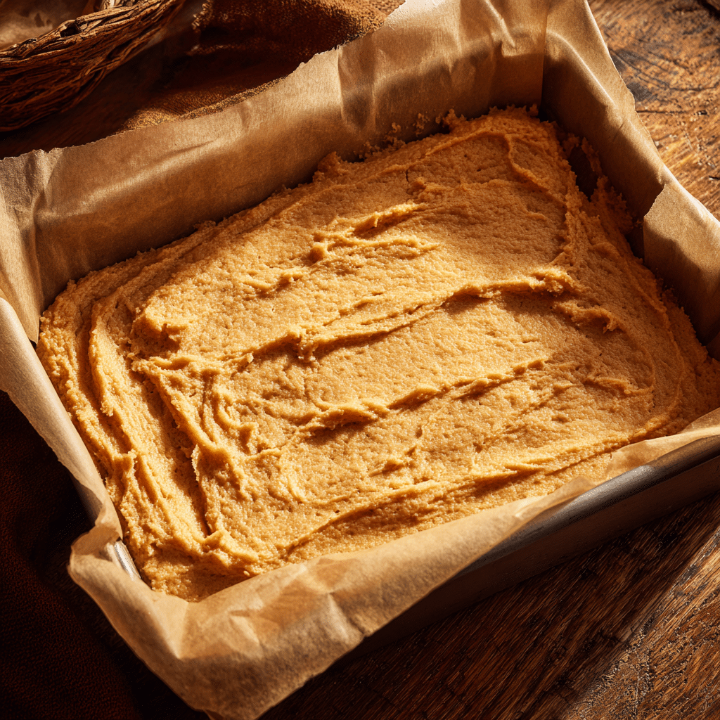 Brown Butter Apple Blondie Batter Being Spread in Parchment-Lined Pan