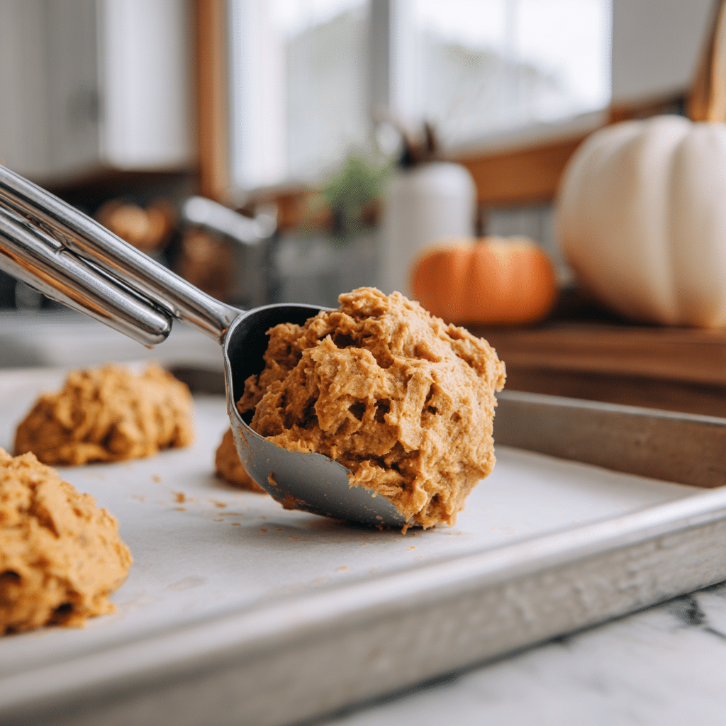 “Scooping brown butter pumpkin oatmeal cookie dough onto a baking sheet”