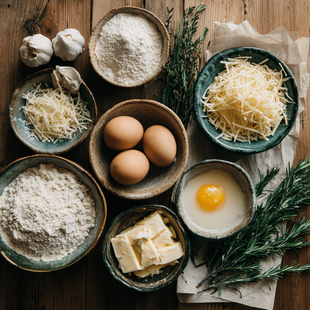 Ingredients for Rosemary Garlic Pull Apart Bread arranged on a wooden counter with herbs and cheese