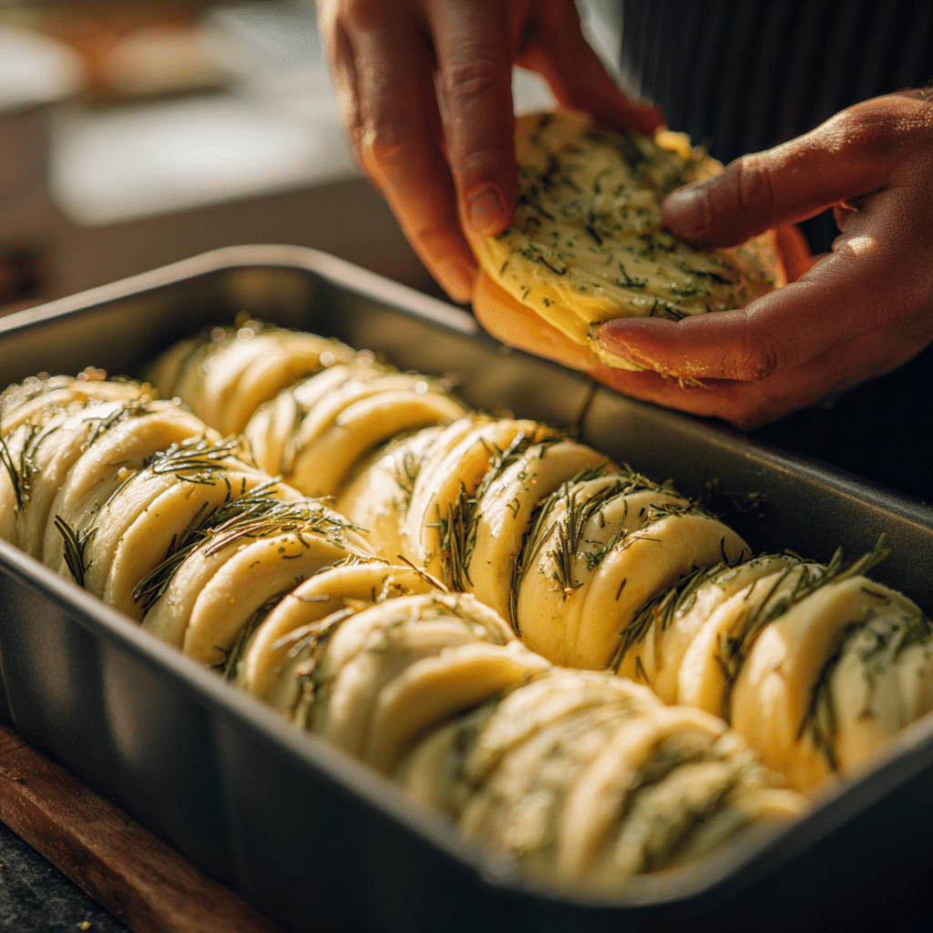 Step-by-step process of assembling Rosemary Garlic Pull Apart Bread with herbed butter and cheese