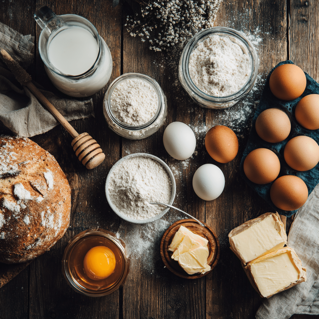 Ingredients for honey butter rolls arranged on a wooden countertop”