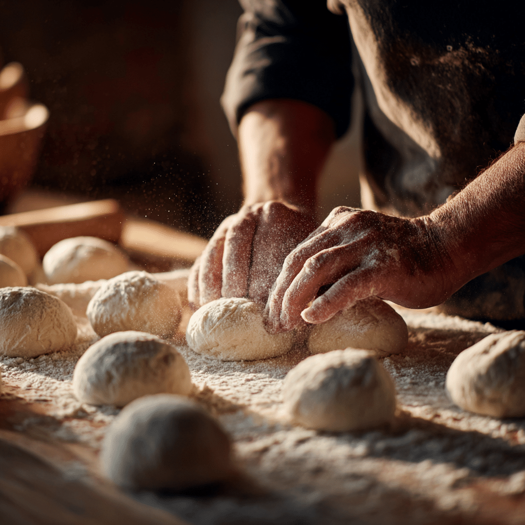 Shaping dough for honey butter rolls on a floured kitchen counter”
