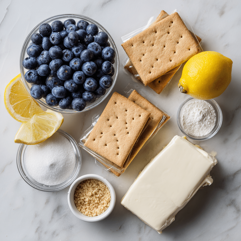 “Ingredients for blueberry cream cheese pie laid out on a white marble counter including blueberries, graham crackers, cream cheese, and sugar”