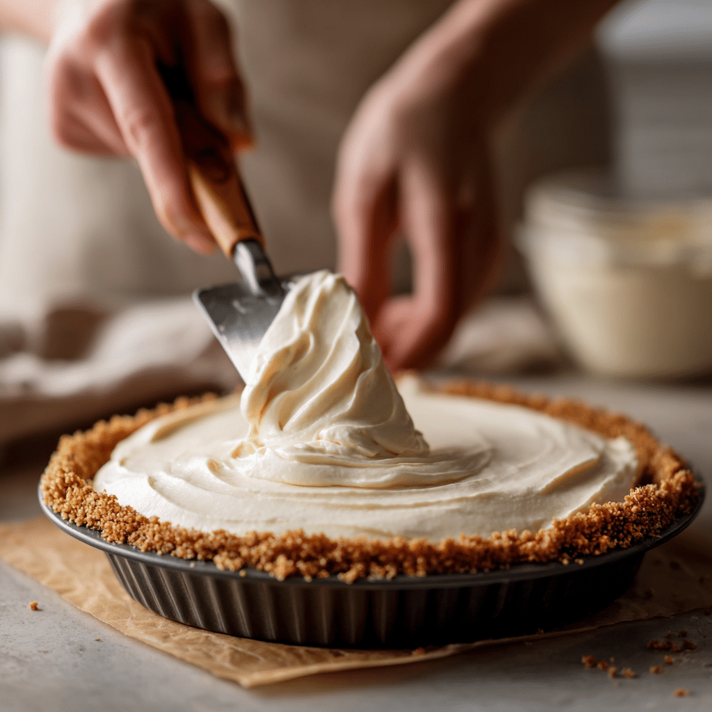 “Spreading cream cheese filling into graham cracker crust for blueberry cream cheese pie with offset spatula in home kitchen”