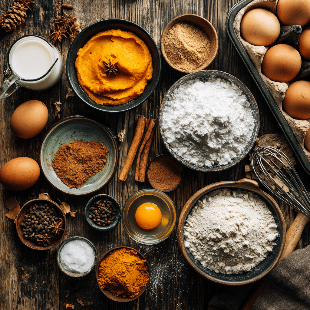 “Ingredients for baked pumpkin donuts laid out on a wooden table with cinnamon sticks, pumpkin puree, eggs, and spices in view.”