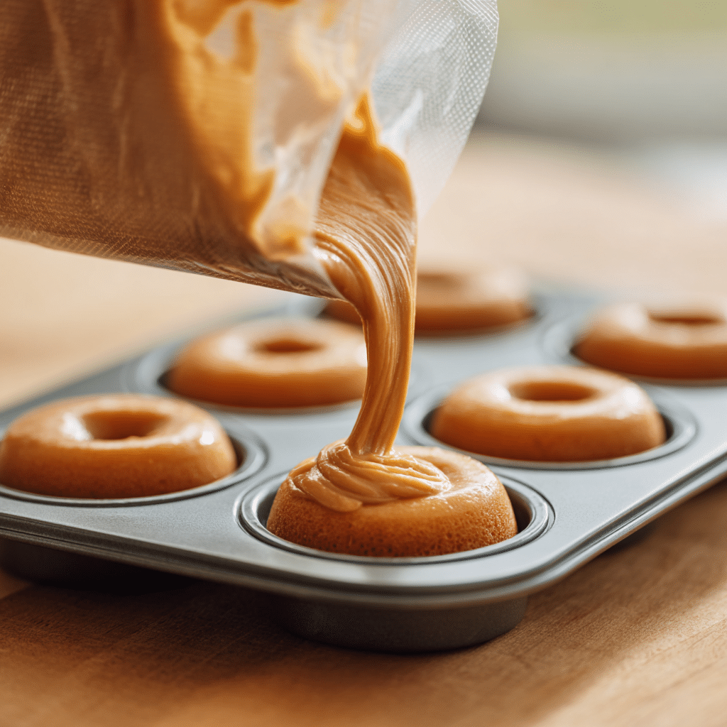 Pumpkin donut batter being piped into a donut pan using a zip-lock bag on a kitchen counter.”