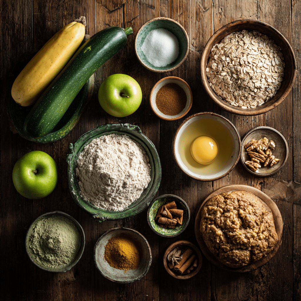 Apple Zucchini Bread ingredients including shredded zucchini, chopped apples, cinnamon, and flour on a rustic kitchen table