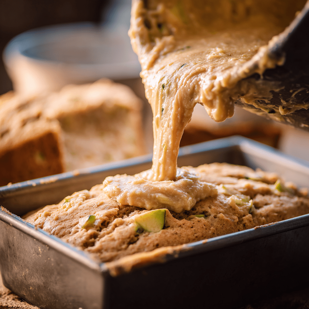 Thick apple zucchini bread batter being poured into a greased loaf pan with visible chunks of apple and zucchini
