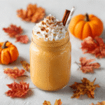 Finished Pumpkin Pie Smoothie in a jar topped with whipped cream and cinnamon, styled with fall decor