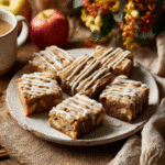 Brown Butter Apple Blondies Cut into Squares with Icing Drizzle on Rustic Plate