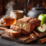 Sliced apple zucchini bread served warm with cinnamon and apples in a cozy fall kitchen setting