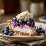 Slice of blueberry cream cheese pie with whipped cream and fresh blueberries on a dessert plate”