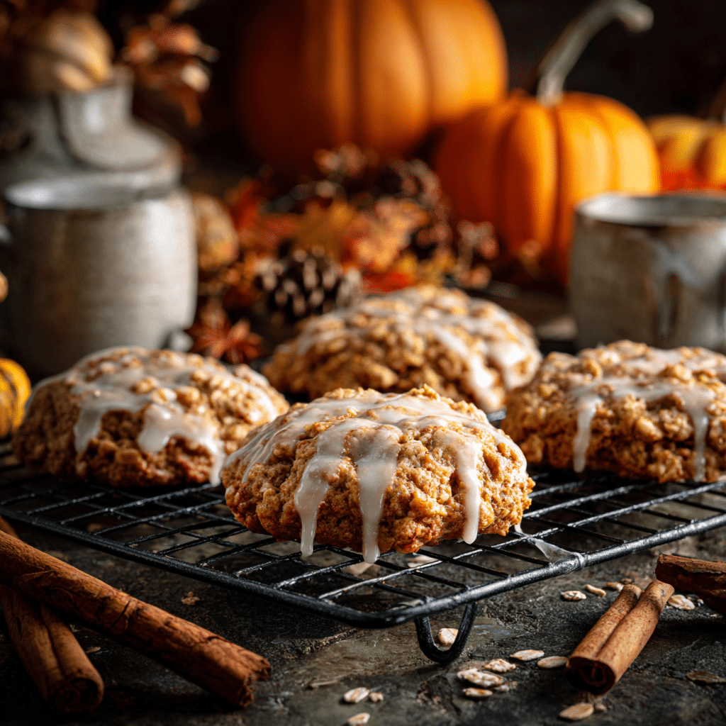 “Glazed brown butter pumpkin oatmeal cookies cooling on a rack with fall decor”