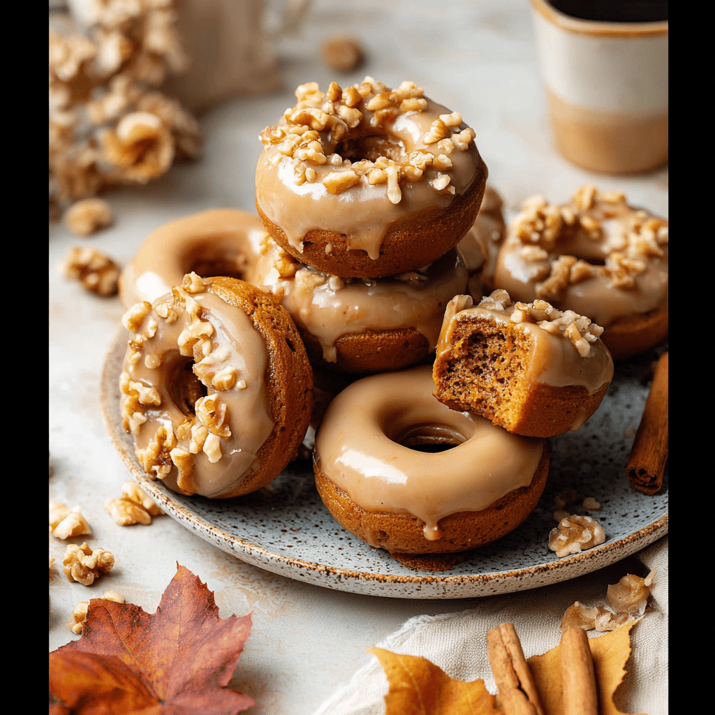 Home 16 “Glazed baked pumpkin donuts stacked on a fall-themed platter with chopped walnuts and coffee on the side”