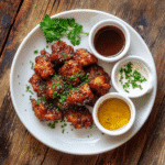 “Plated honey BBQ chicken bites served with dipping sauces and fresh parsley on a white plate”