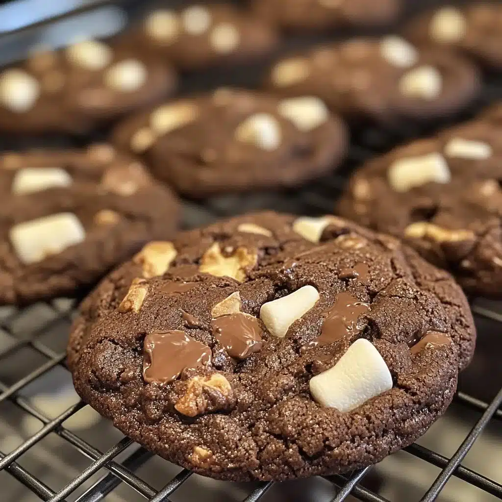 Chocolate Marshmallow Cookies 4 Freshly baked Chocolate Marshmallow Cookies on a cooling rack