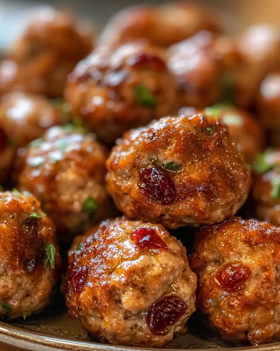 Plate of Christmas Cranberry Meatballs garnished with herbs