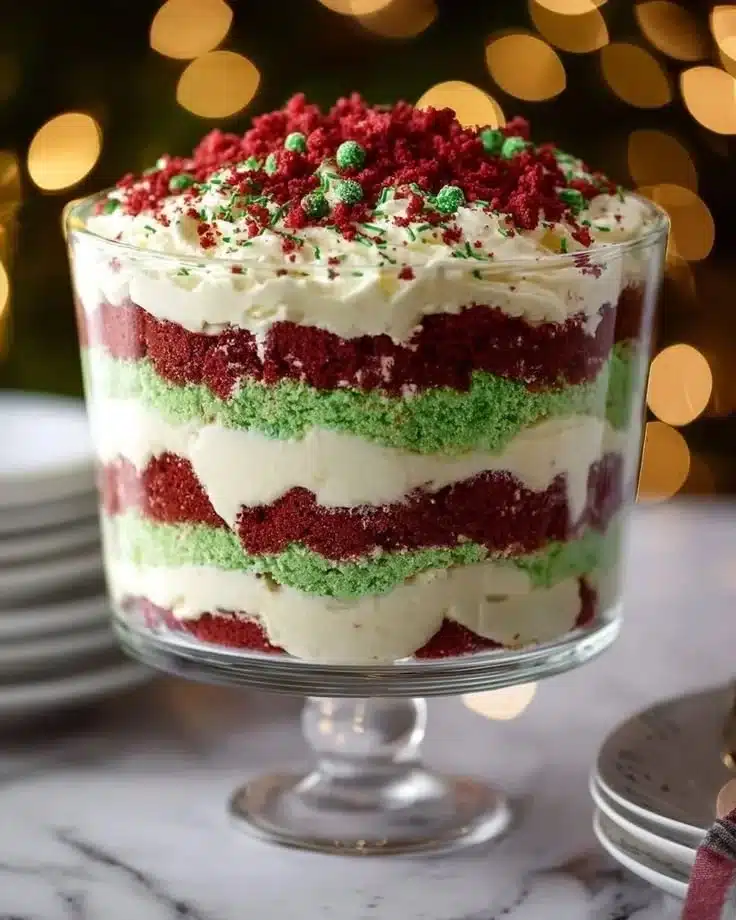 Delicious Christmas trifle dessert with layers of fruit and cream