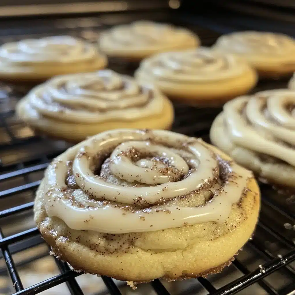Deliciously baked cinnamon roll cookies with icing on a wooden table.