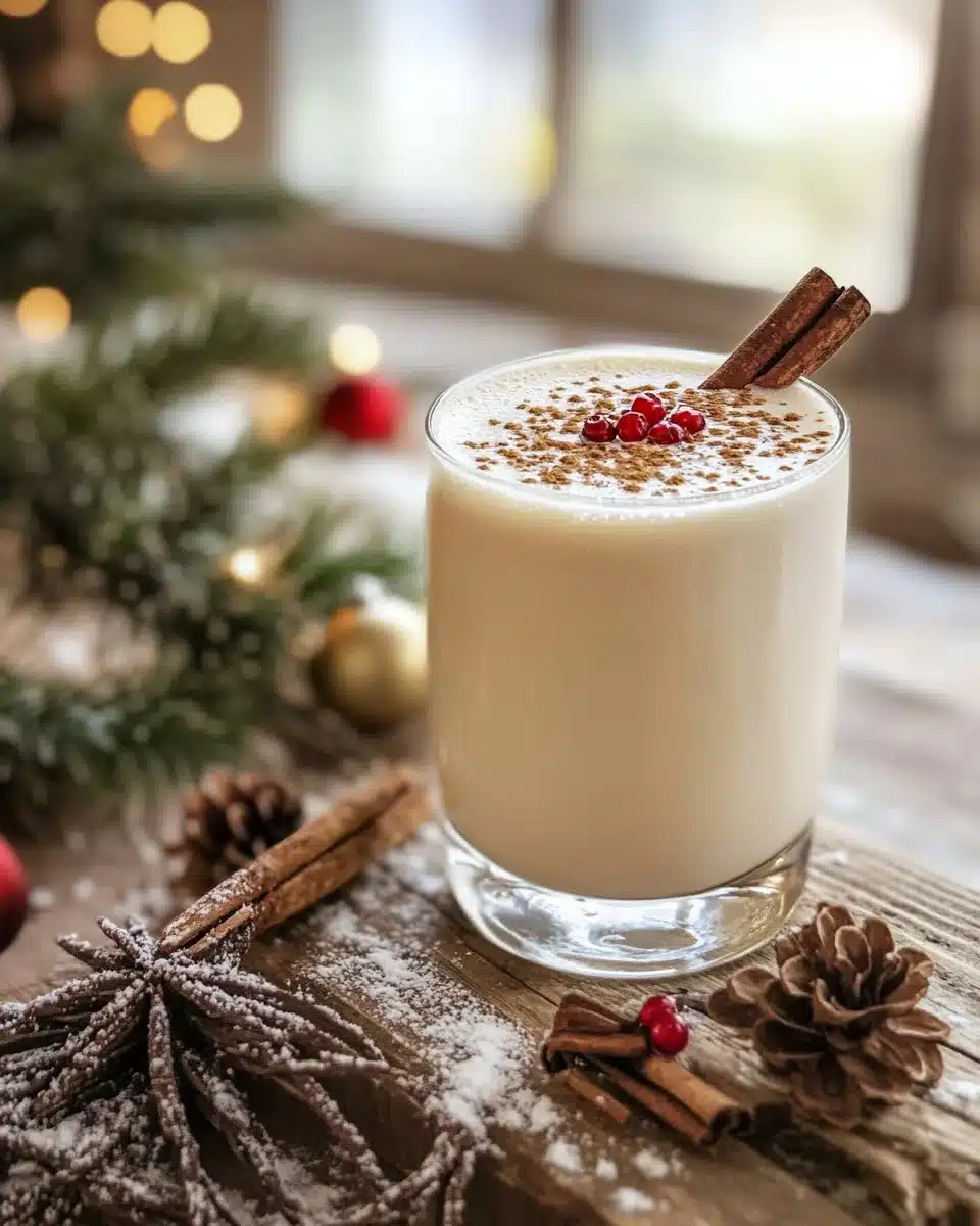 Creamy white Christmas punch served in festive glassware at a holiday party.