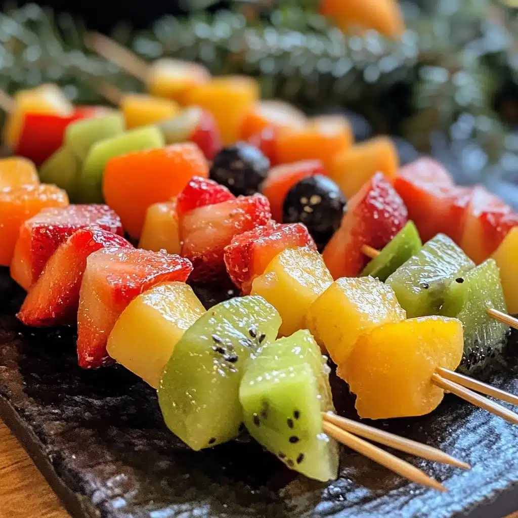 Colorful and festive Christmas fruit skewers arranged on a platter