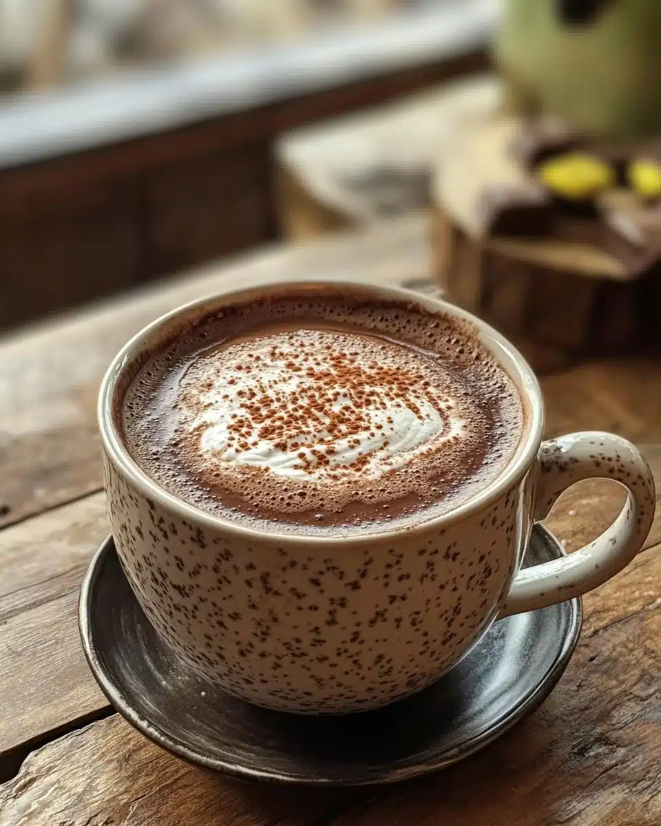 A steaming cup of homemade hot chocolate topped with whipped cream and chocolate shavings.