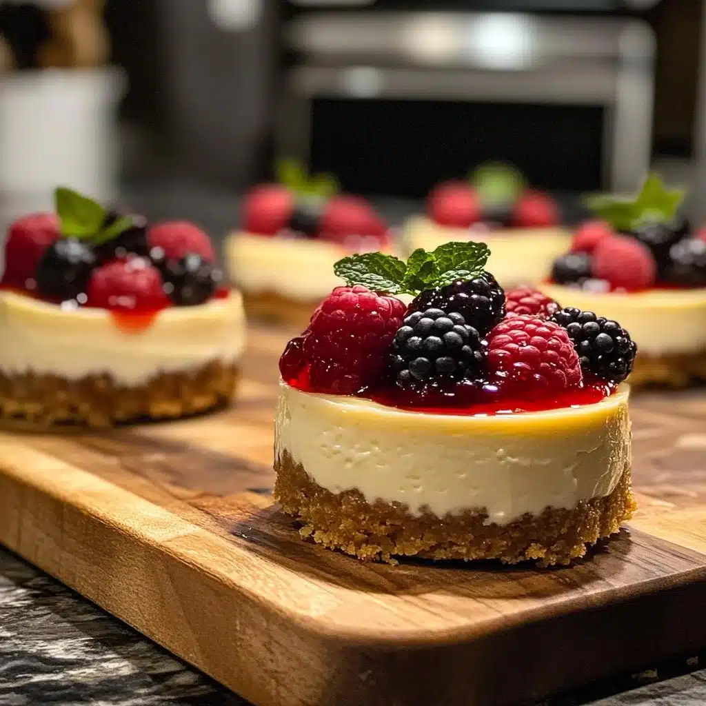Mini Cheesecakes 2 Delicious mini cheesecakes topped with fresh berries on a white dessert plate.