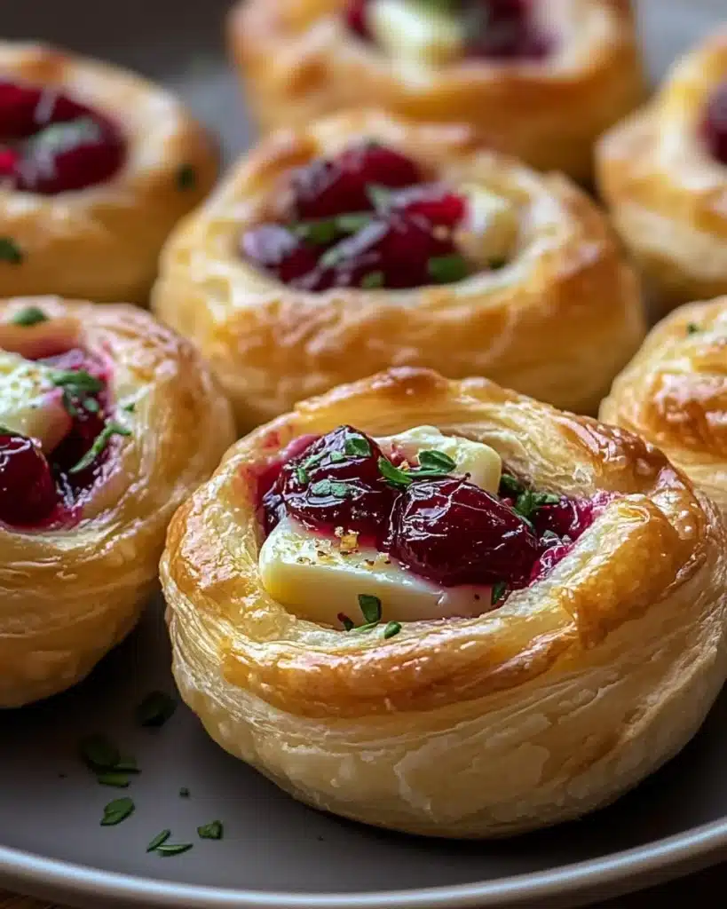 Mini Cranberry Brie Bites with puff pastry ready to serve as an appetizer.