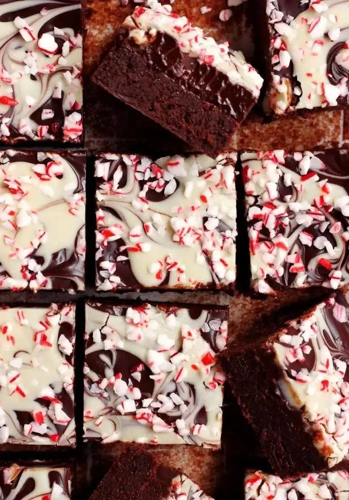Delicious peppermint dark chocolate brownies topped with festive decorations