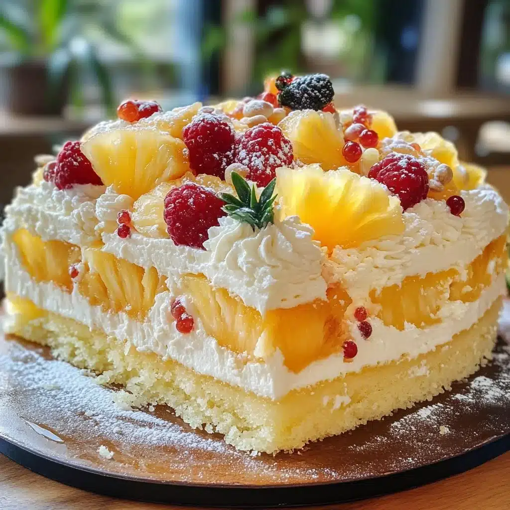 Pineapple Heaven Cake 2 Delicious Pineapple Heaven Cake topped with fresh fruit and whipped cream
