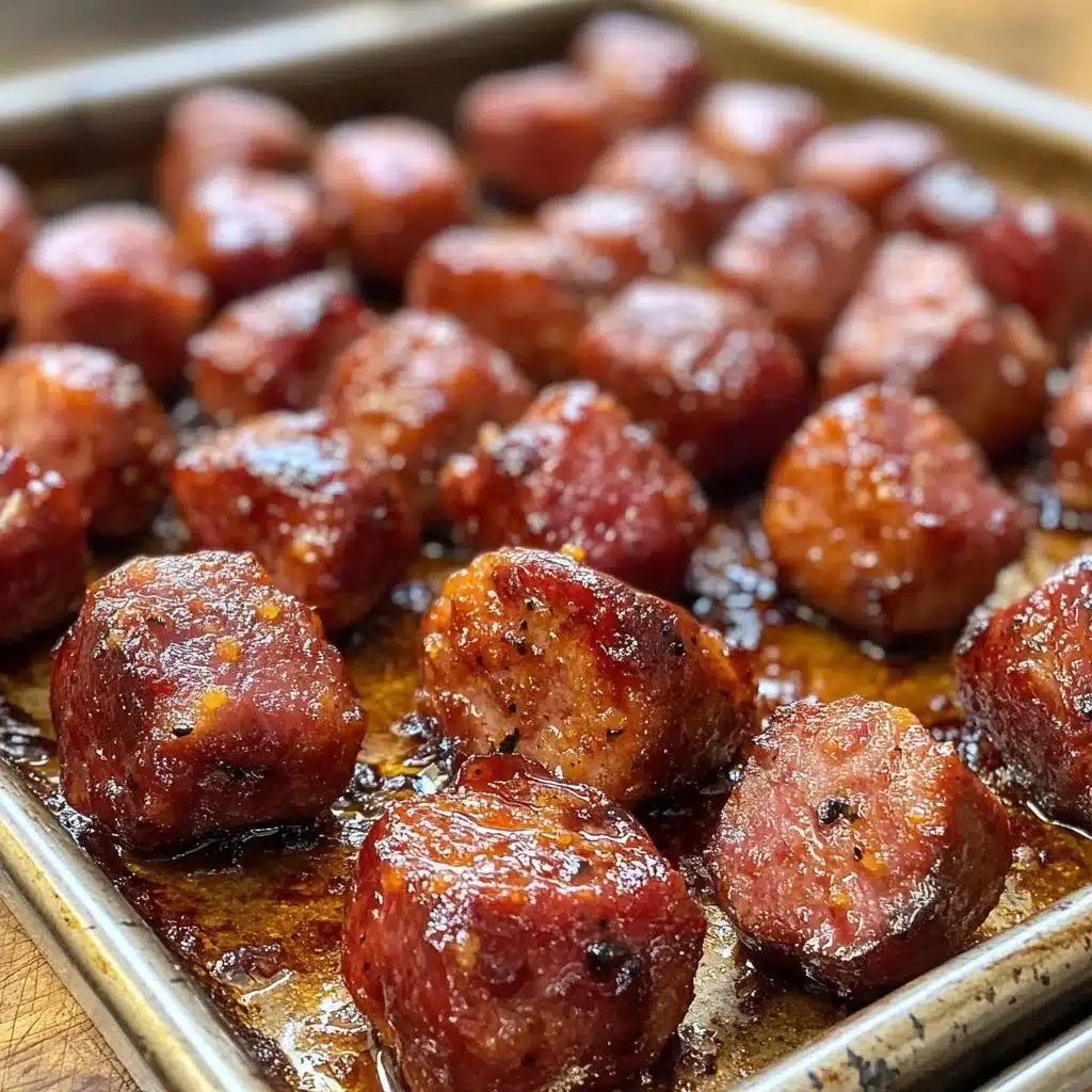 Sheet Pan Smoked Sausage Cranberry Bites 4 Sheet Pan Smoked Sausage Cranberry Bites on a table ready to serve.