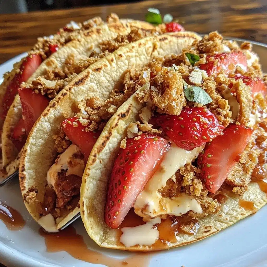 Delicious Strawberry Crunch Cheesecake Tacos with a creamy filling and crunchy topping.