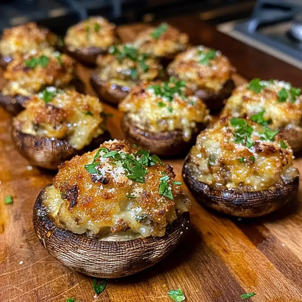 Stuffed Mushrooms 4 Delicious stuffed mushrooms filled with herbs and cheese on a platter.